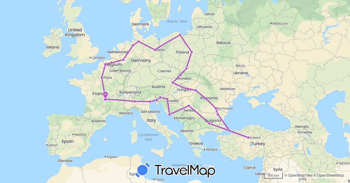 TravelMap itinerary: driving, train in Belgium, Bulgaria, Germany, France, Croatia, Hungary, Italy, Poland, Romania, Serbia, Slovenia, Slovakia, Turkey (Asia, Europe)